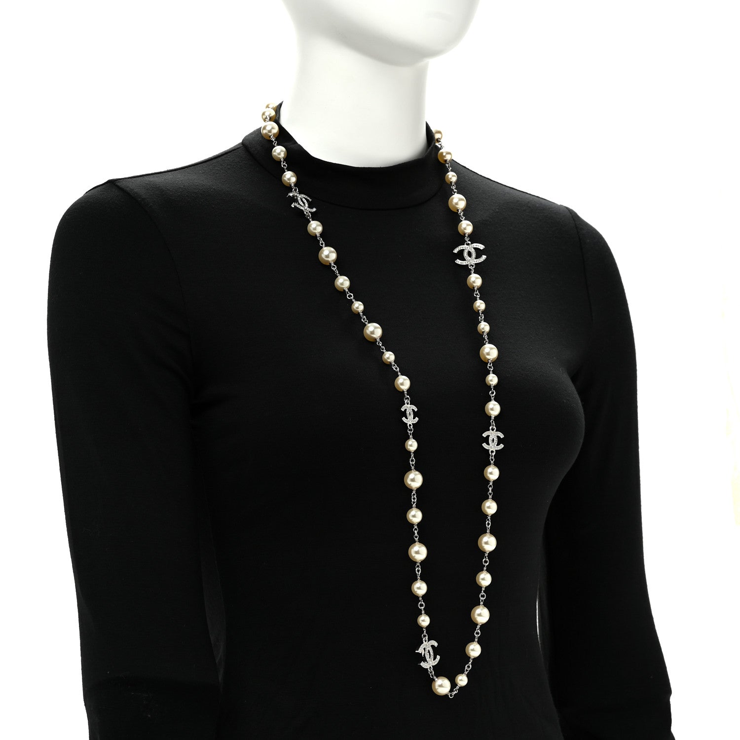 Chanel Graduated Pearl Crystal CC Long Necklace Silver 2 of 6