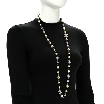 Chanel Graduated Pearl Crystal CC Long Necklace Silver 2 of 6