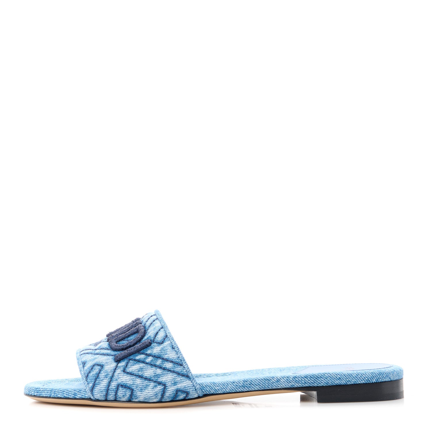 Fendi Denim Print Logo Flat Slide Sandals 39 Navy Blue 1 of 9