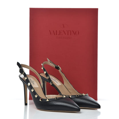 Valentino Garavani Pebbled Calfskin Rockstud Half d'Orsay Slingback 85mm Pumps 37.5 Black 12 of 12