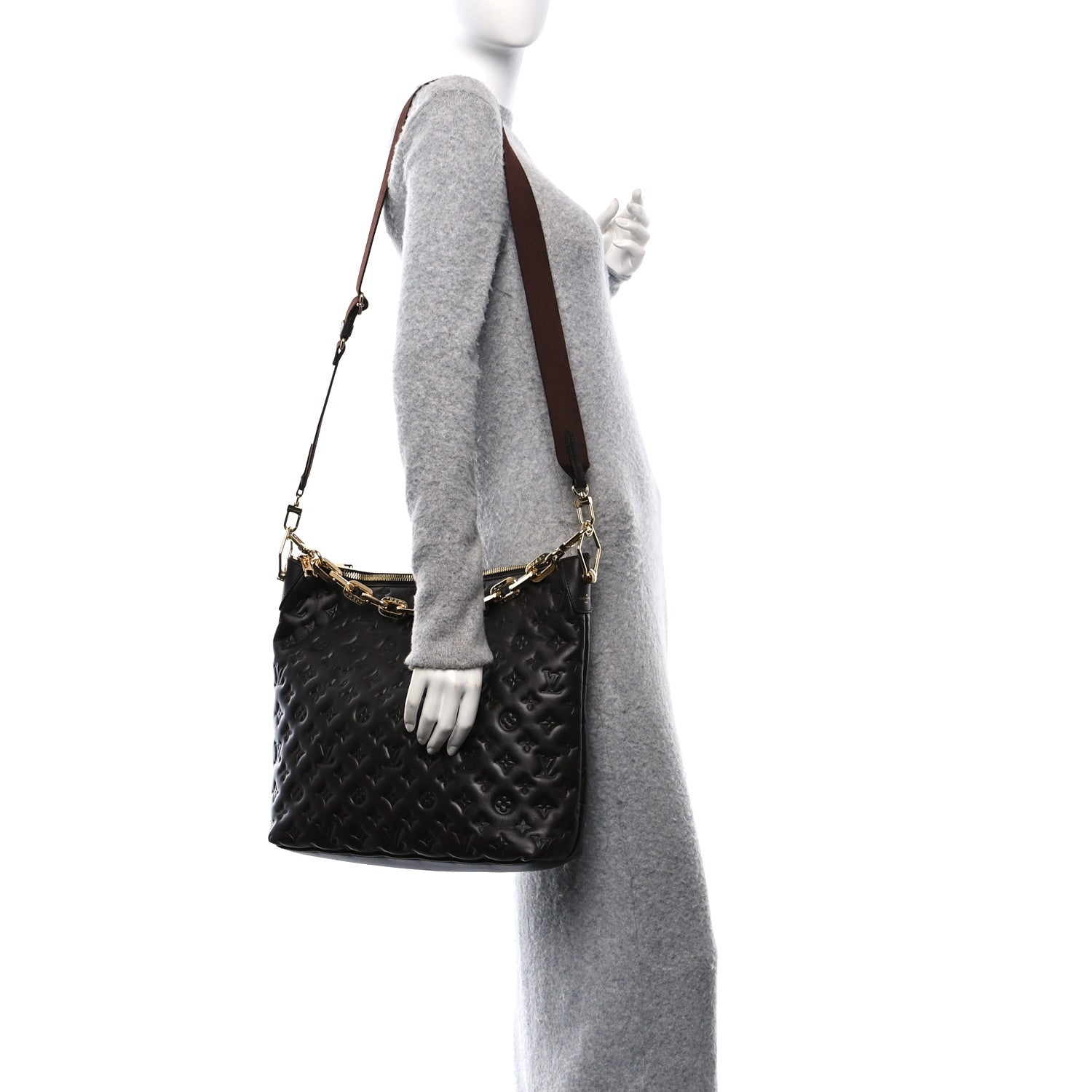 Louis Vuitton Calfskin Embossed Monogram Coussin Hobo MM Chocolate 2 of 10