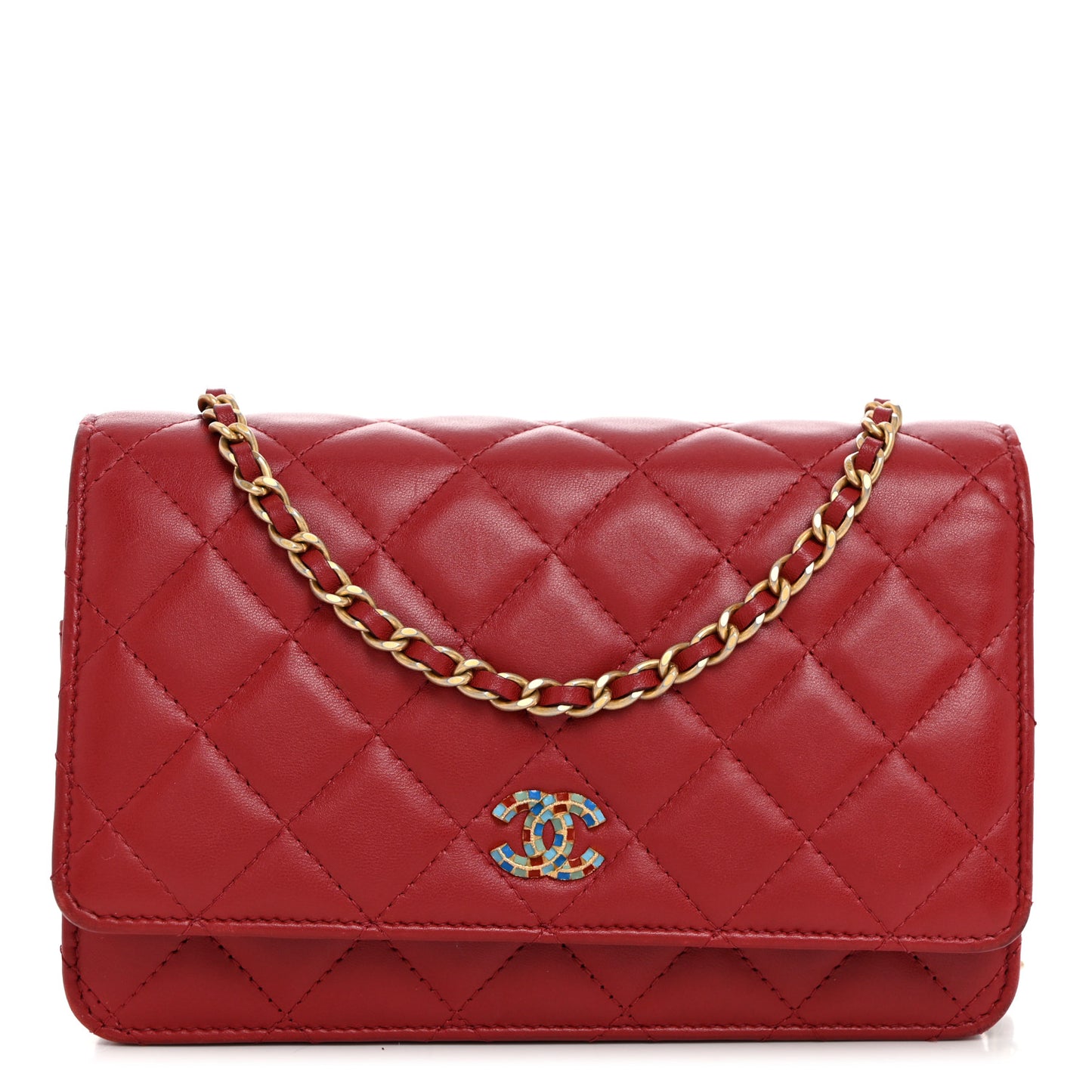 Lambskin Gripoix Quilted Wallet On Chain WOC Red