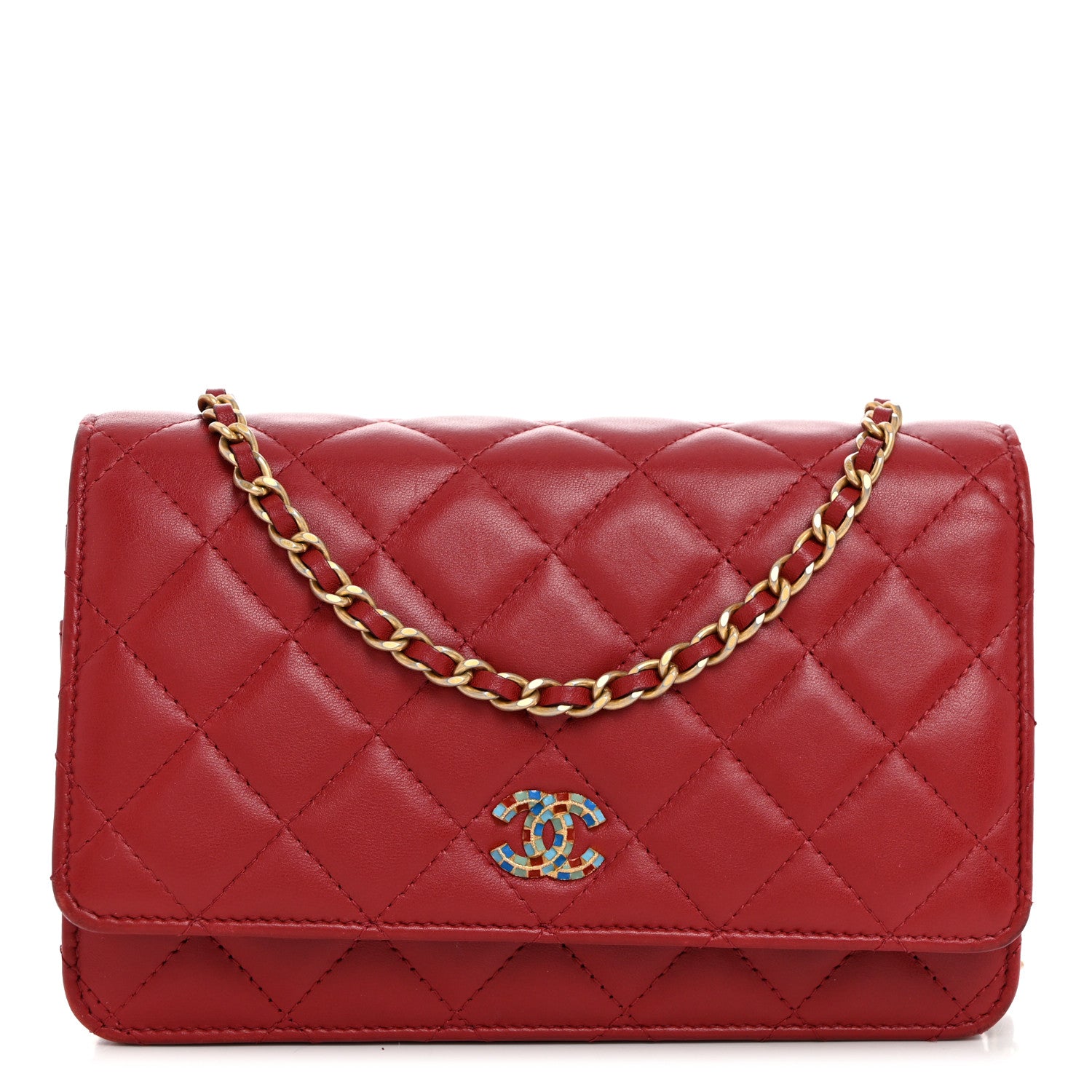 Chanel Lambskin Gripoix Quilted Wallet On Chain WOC Red 1 of 10