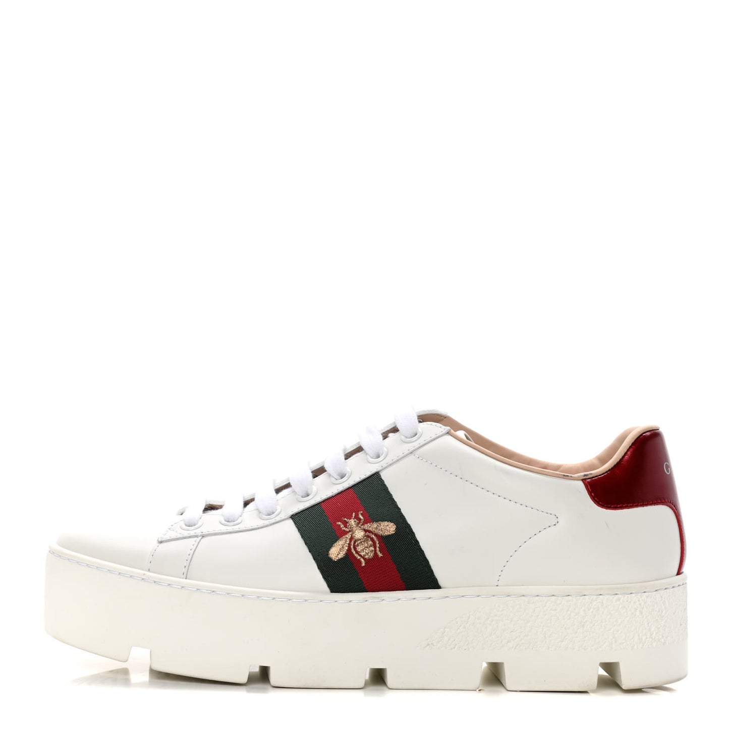 Calfskin Web Bee Embroidered Womens Ace Platform Sneakers 37.5 White