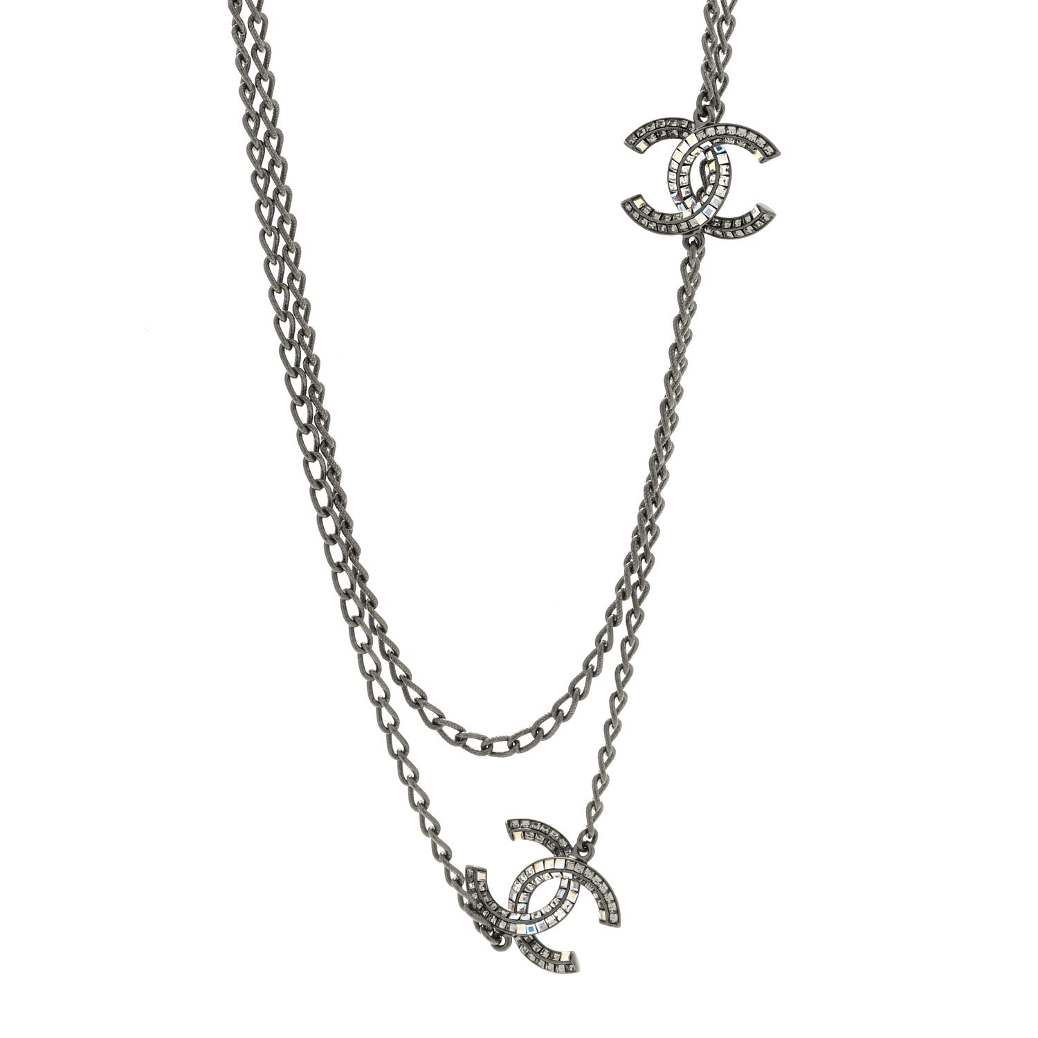 Chanel Crystal Baguette CC Double Strand Necklace Silver 1 of 4