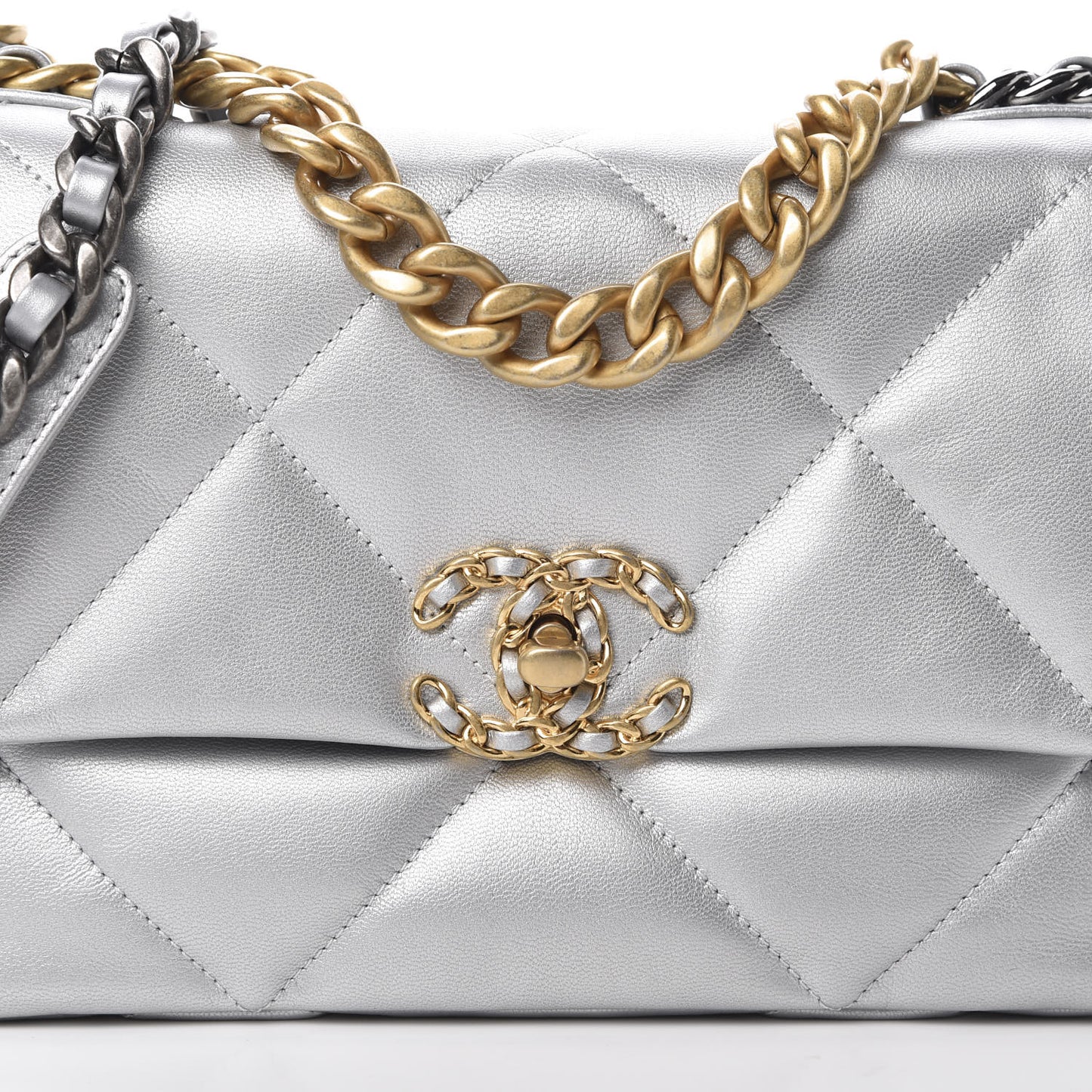 Metallic Goatskin Quilted Medium 19 Flap Silver
