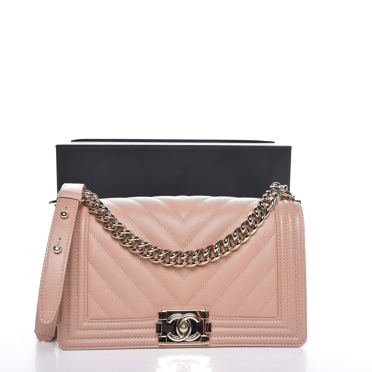 Caviar Chevron Quilted Medium Boy Flap Beige
