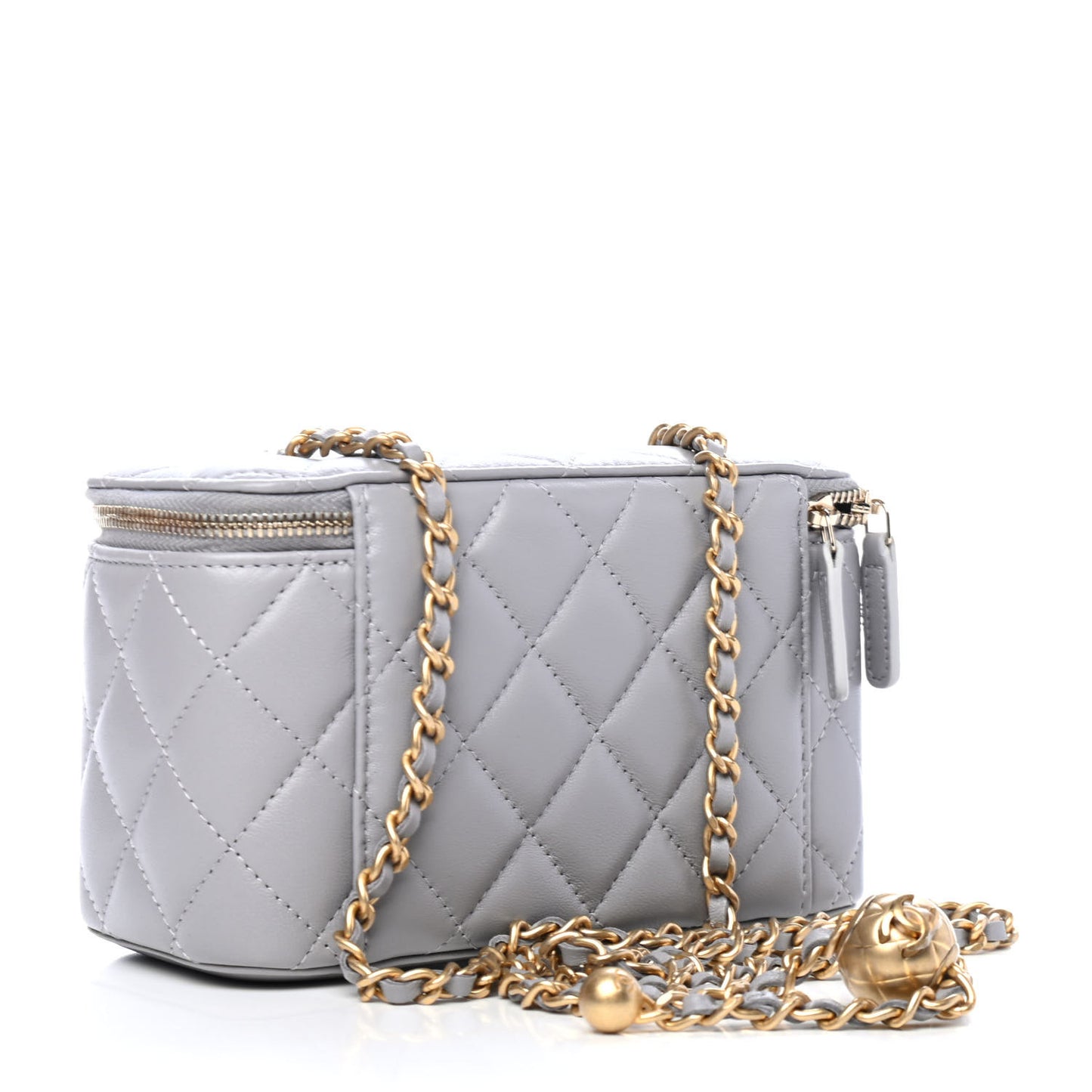 Lambskin Quilted Small Pearl Crush Vanity Case With Chain Grey