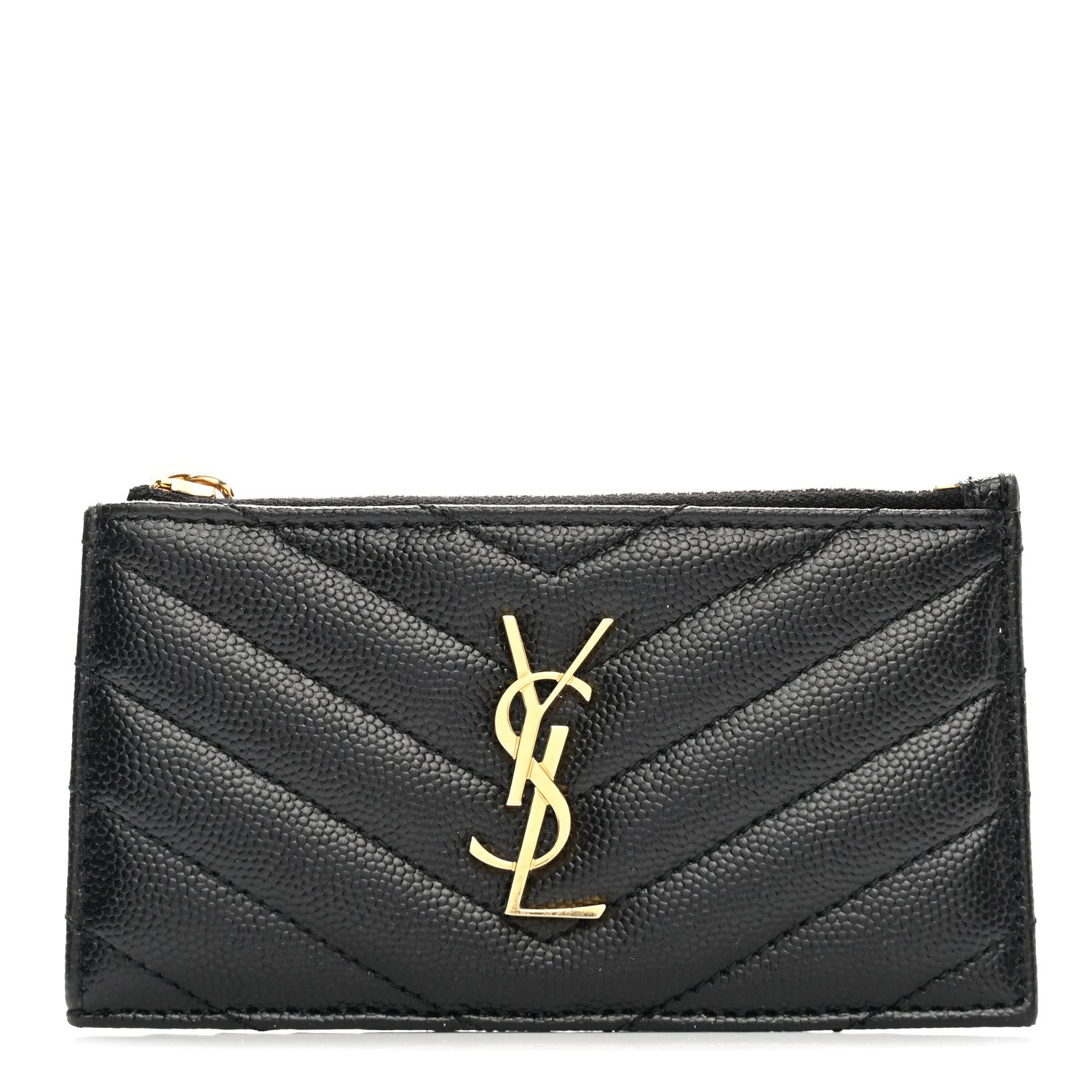Saint Laurent Grain De Poudre Matelasse Chevron Monogram Fragments Zippered Card Case Black 1 of 10