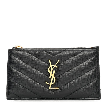 Saint Laurent Grain De Poudre Matelasse Chevron Monogram Fragments Zippered Card Case Black 1 of 10
