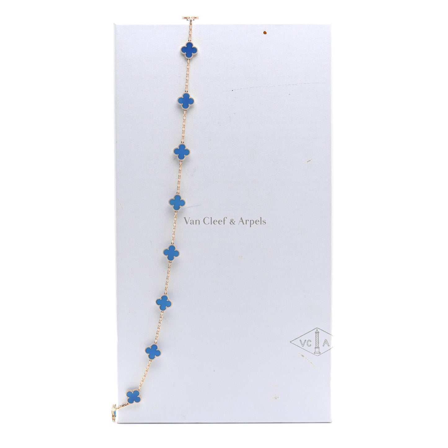 18K Yellow Gold Blue Agate 20 Motifs Vintage Alhambra Necklace