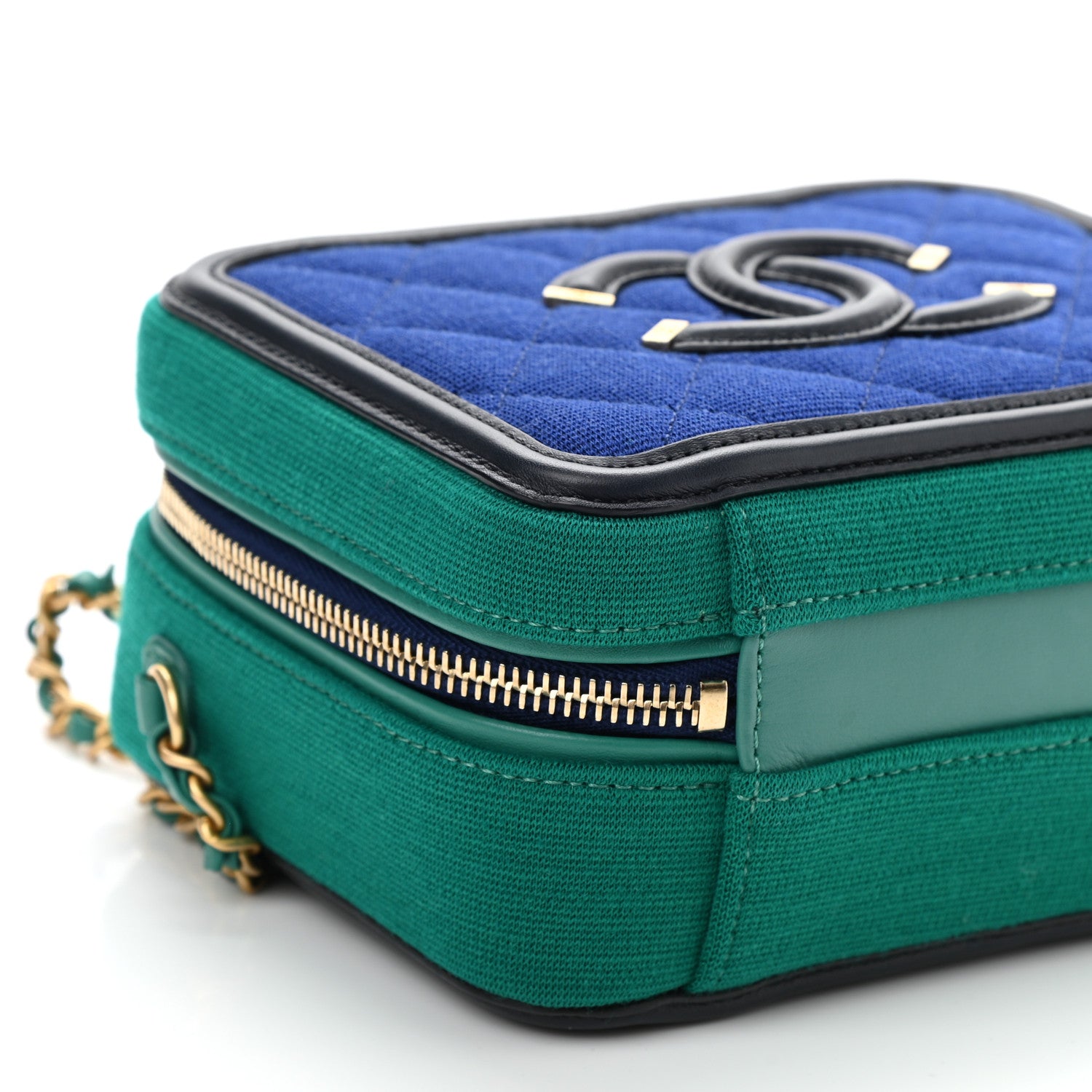Chanel Jersey Quilted Small CC Filigree Vanity Case Blue Green 9 of 10
