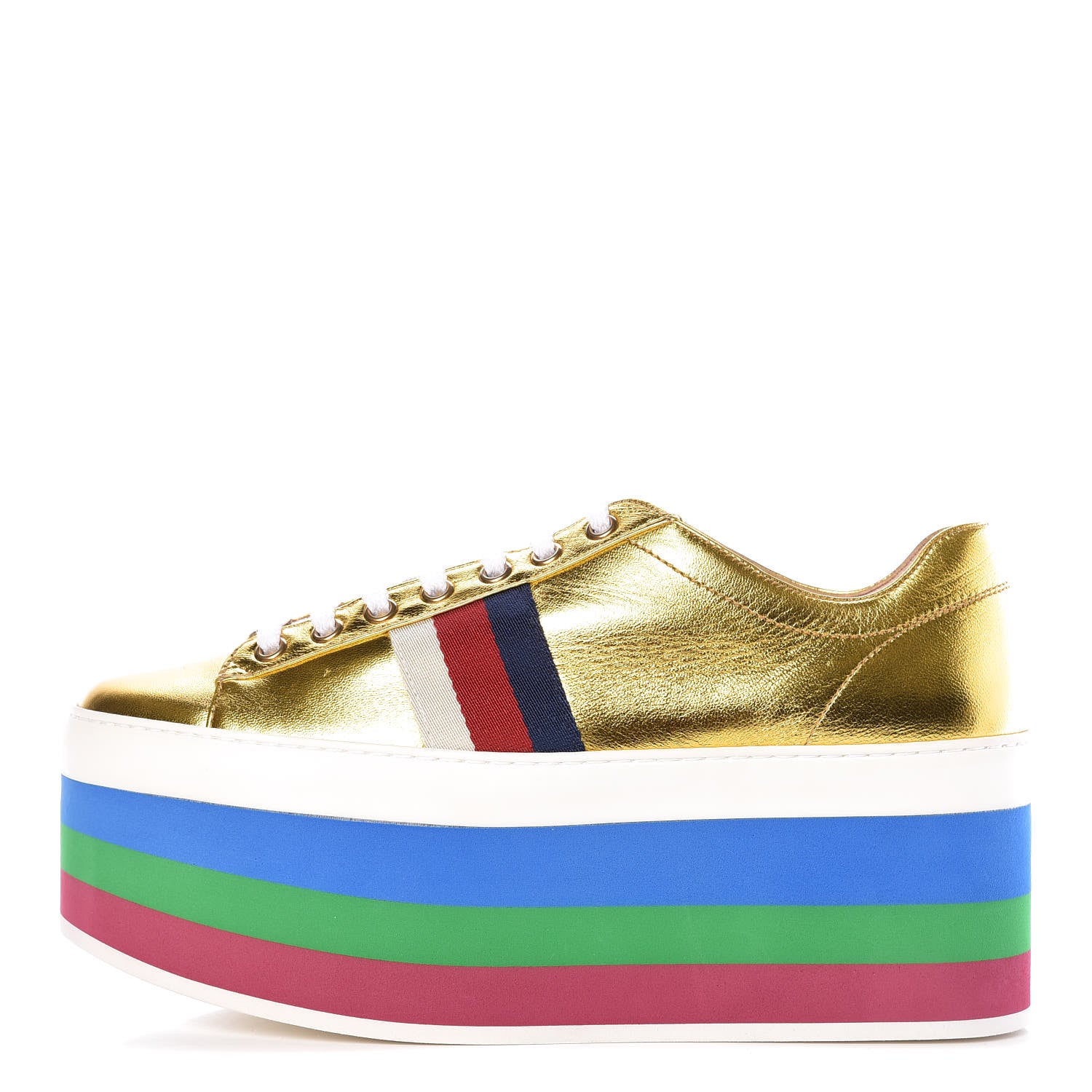 Gucci Metallic Nappa Sylvie Web Peggy Platform Sneakers 38.5 Oro Vecchio 1 of 11