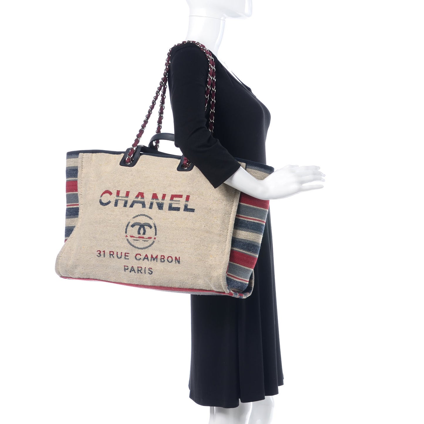 Striped Canvas Large Deauville Tote Beige