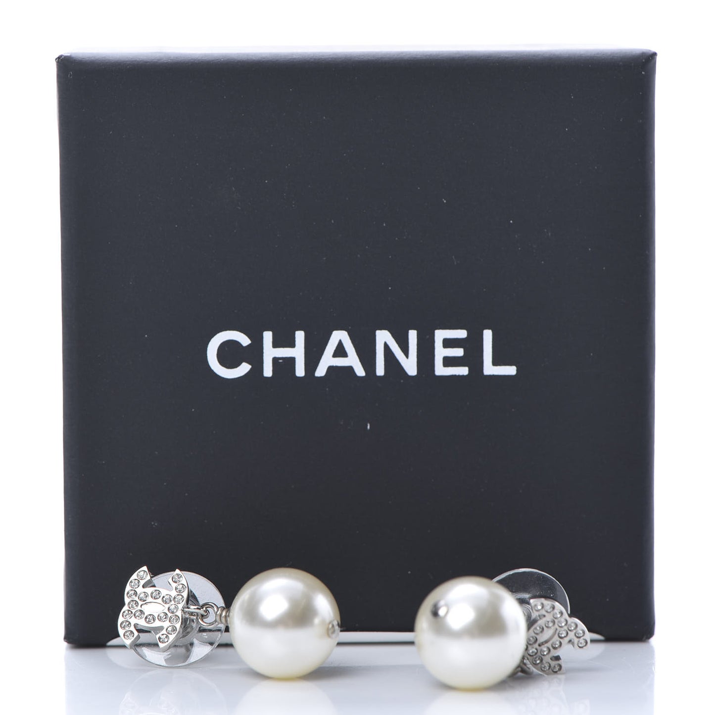 Crystal Pearl CC Drop Earrings Silver