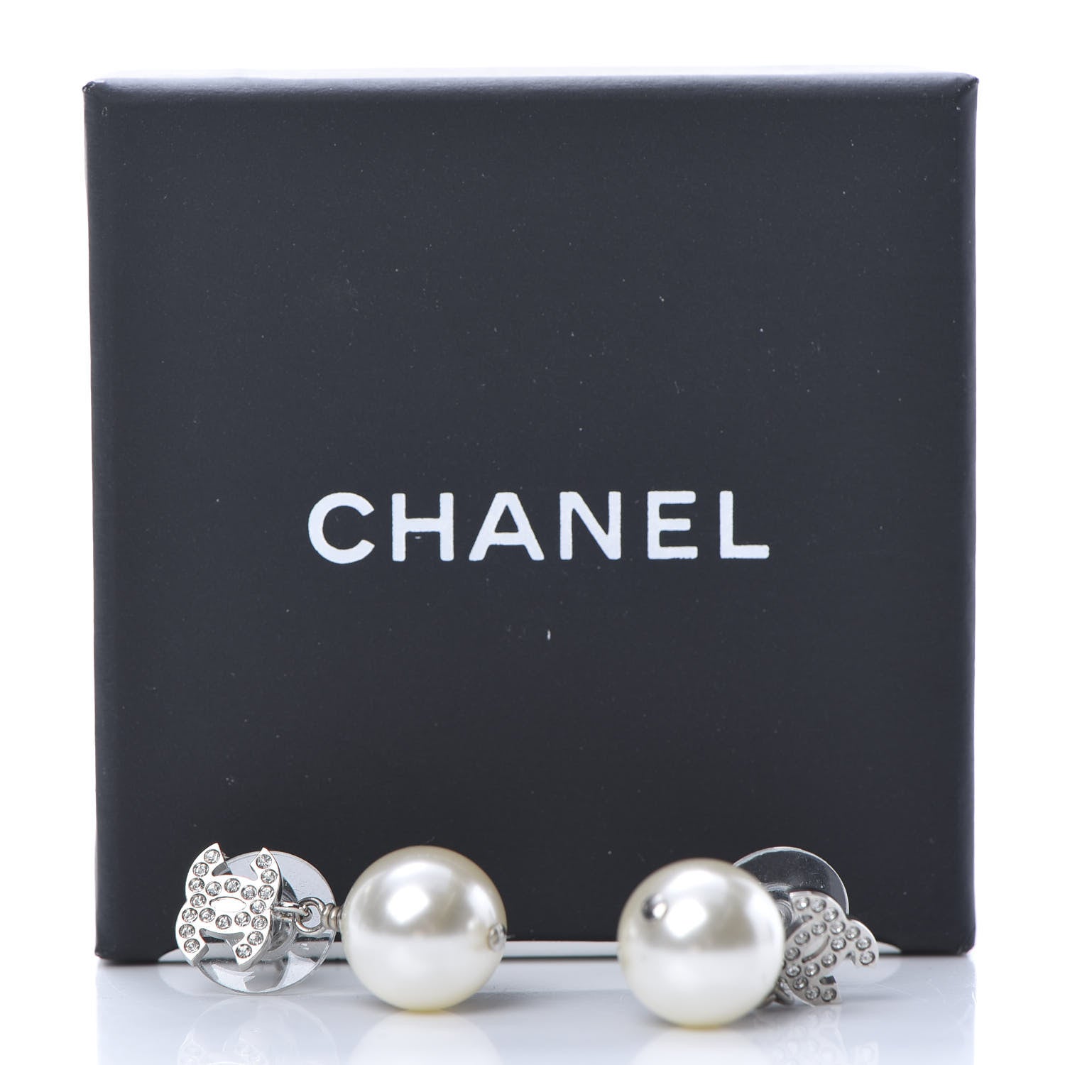 Chanel Crystal Pearl CC Drop Earrings Silver 5 of 5