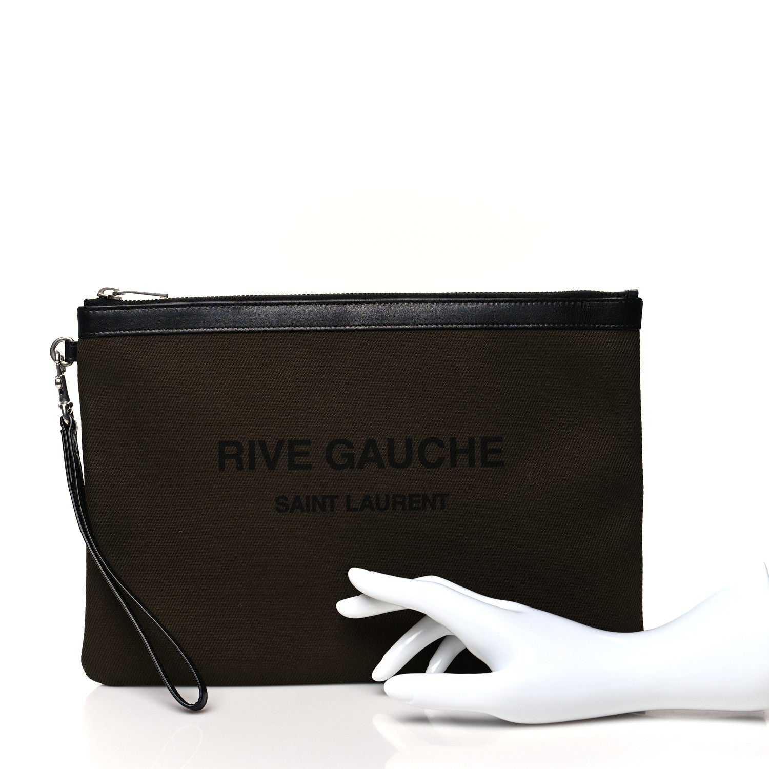 Saint Laurent Linen Canvas Rive Gauche Zipped Pouch Khaki Black 2 of 10