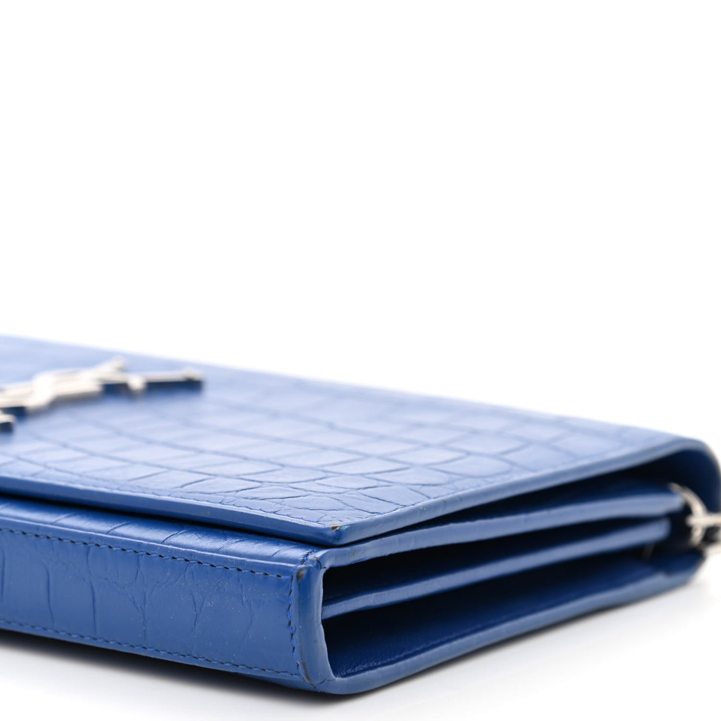 Calfskin Crocodile Embossed Monogram Chain Wallet Royal Blue