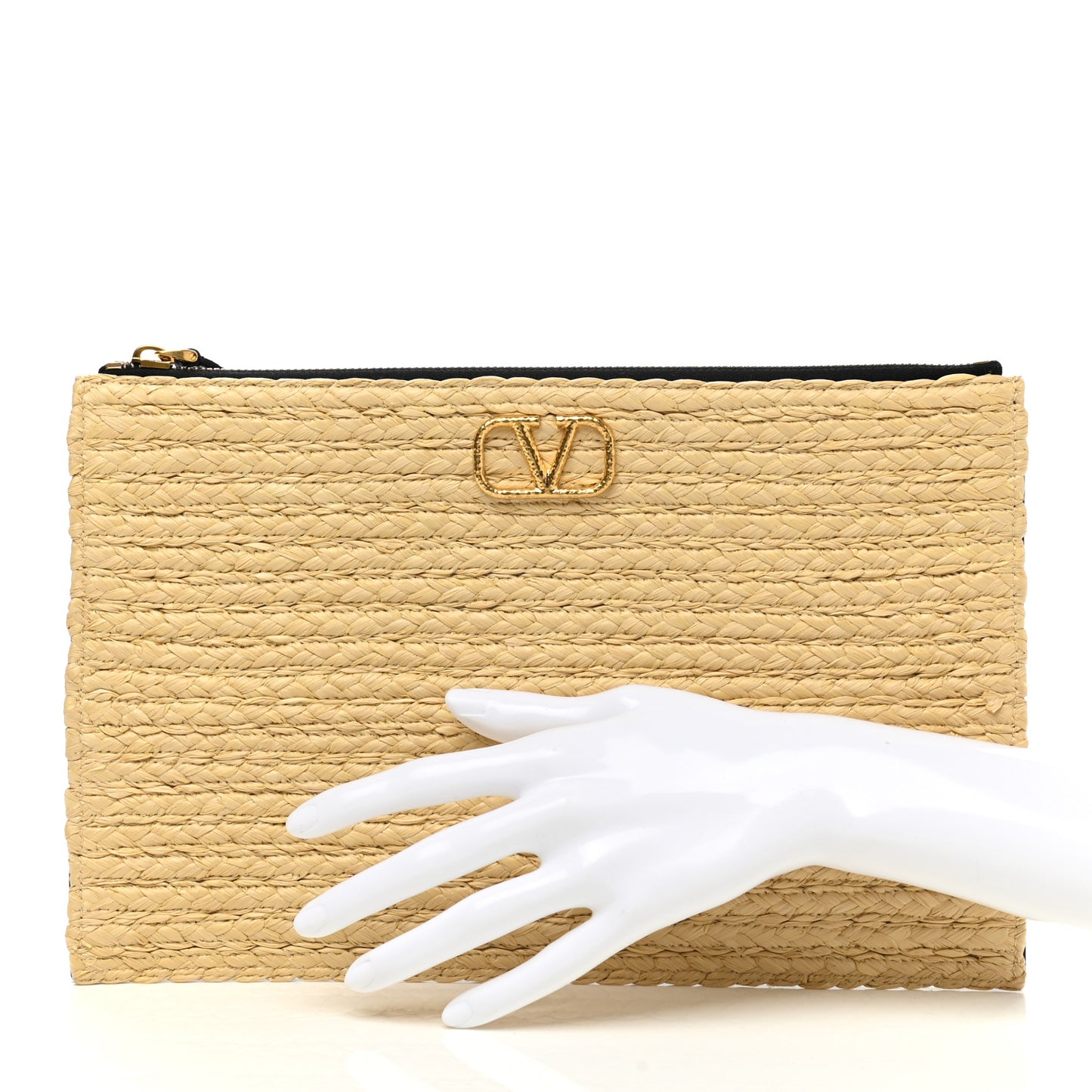 Raffia Calfskin Vlogo Zip Pouch Naturale Black
