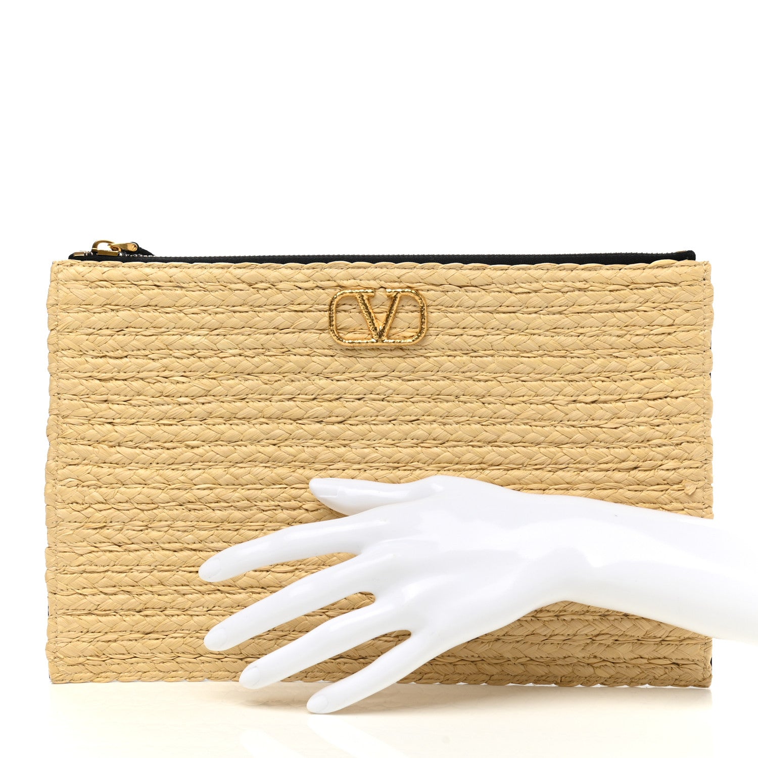 Valentino Garavani Raffia Calfskin Vlogo Zip Pouch Naturale Black 2 of 8