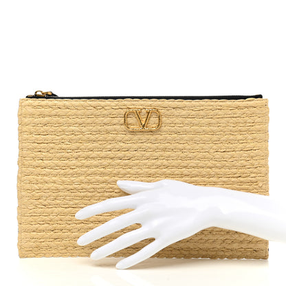 Valentino Garavani Raffia Calfskin Vlogo Zip Pouch Naturale Black 2 of 8