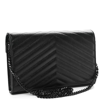 Saint Laurent Grain De Poudre Matelasse Chevron Monogram Chain Wallet Black 3 of 8