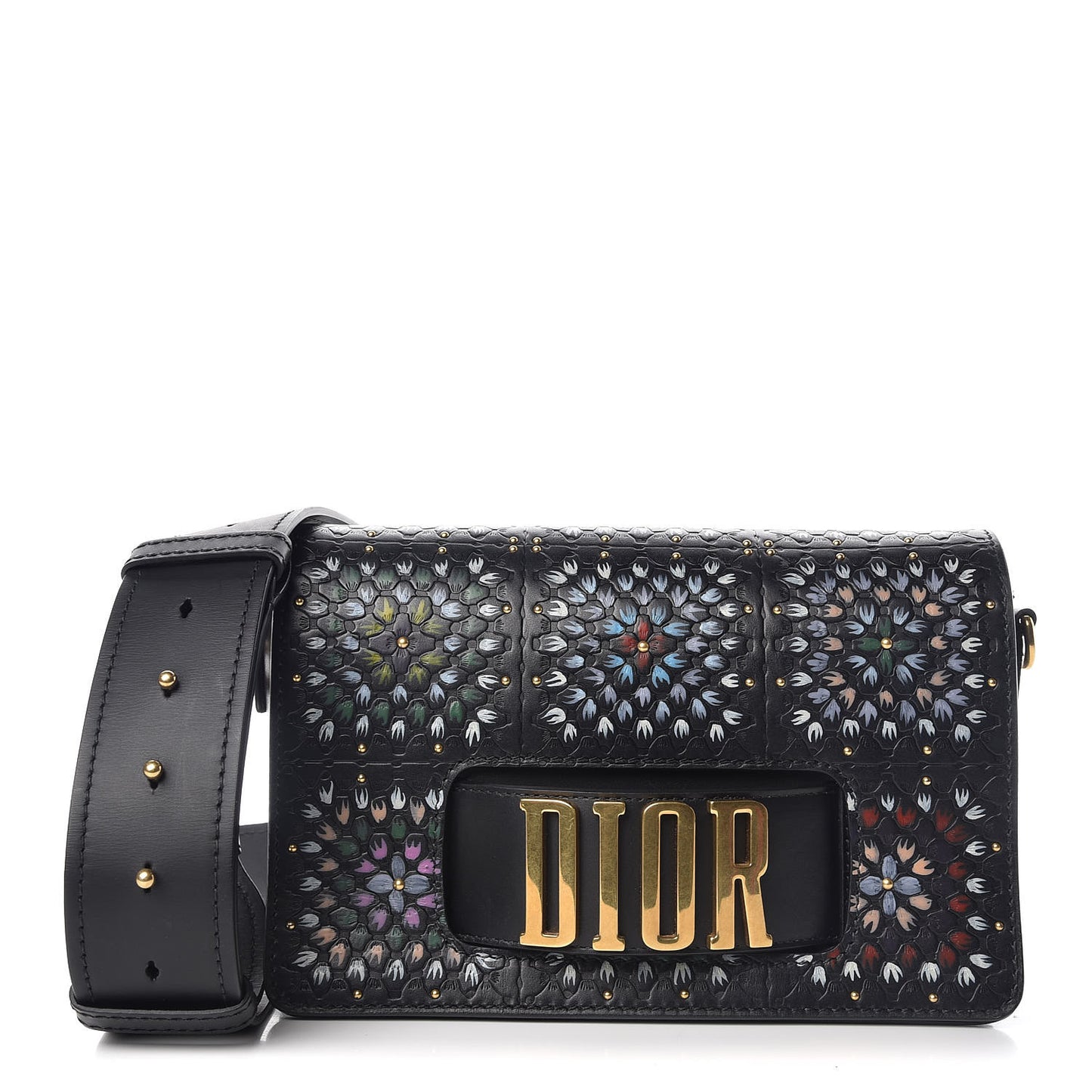 Calfskin Studded Floral Dio(r)evolution Flap Bag Black