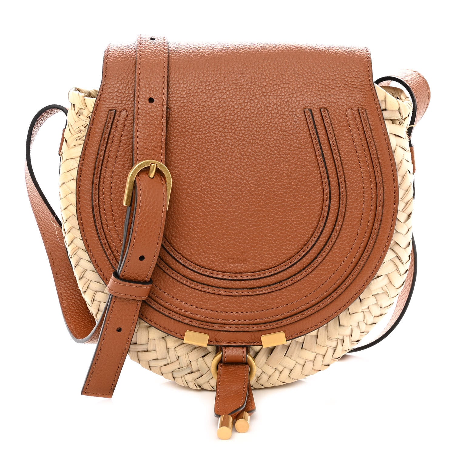 Chloe Raffia Small Grain Calfskin Small Marcie Basket Crossbody Tan 1 of 11