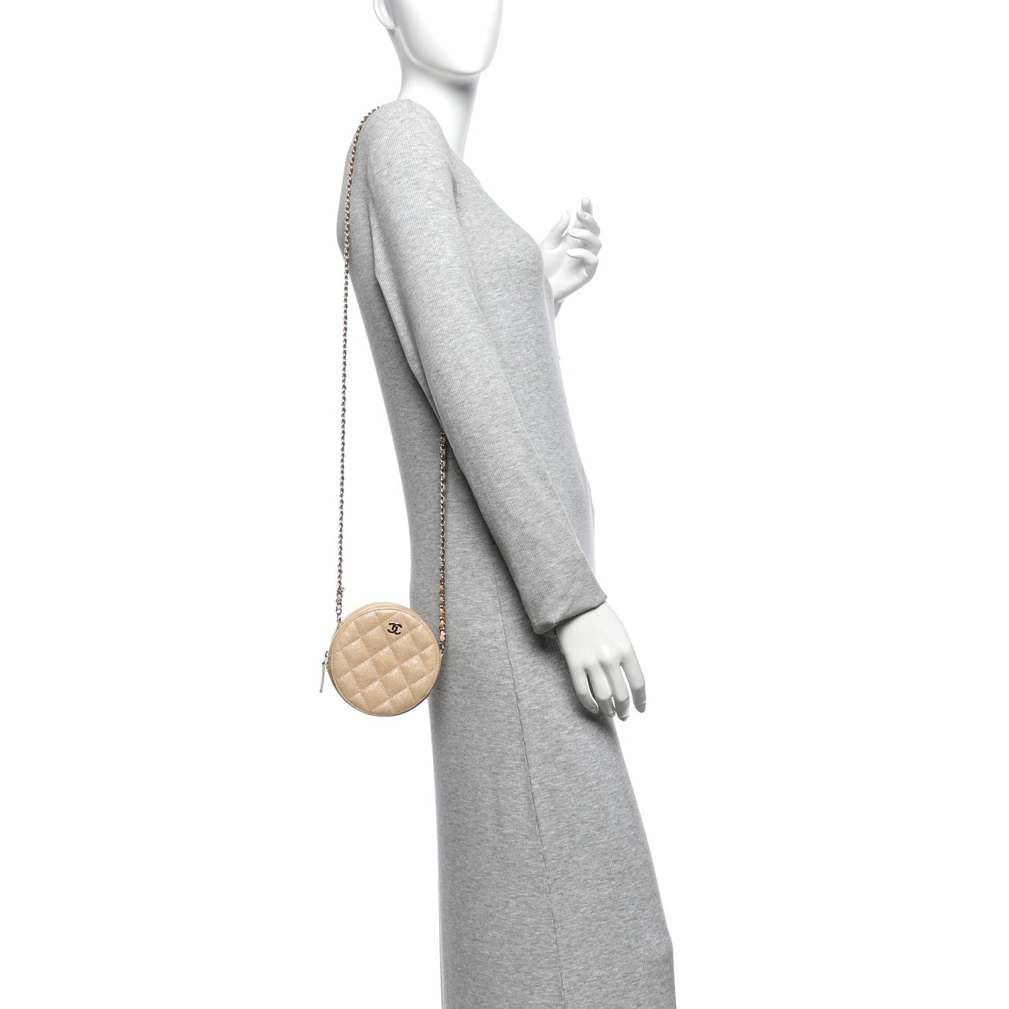 Iridescent Caviar Quilted Round Clutch With Chain Beige