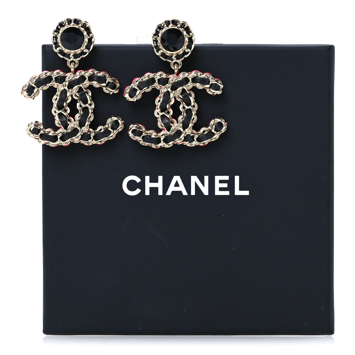 Metal Lambskin CC Chain Drop Earrings Black Gold Pink