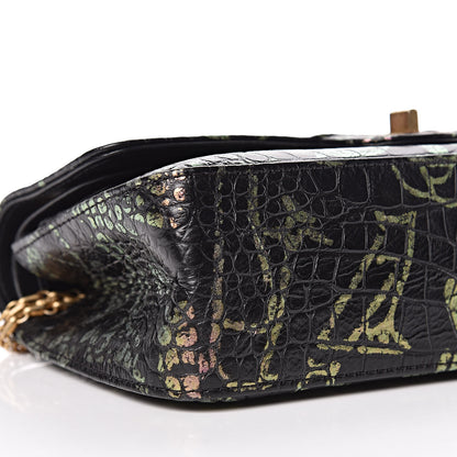 Chanel Calfskin Crocodile Embossed Graffiti 2.55 Cocodile Reissue 225 Flap Black Pink 6 of 13