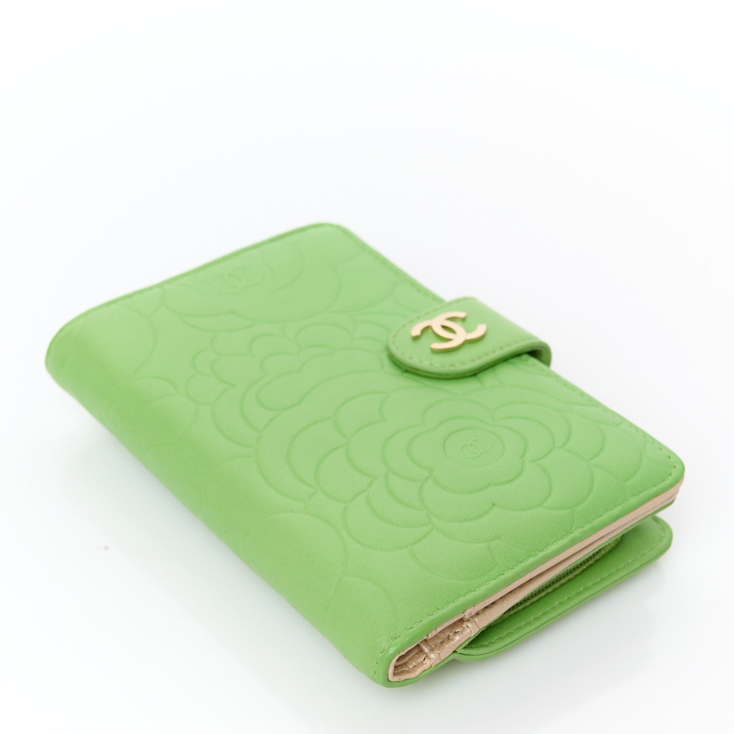 Lambskin Camellia Embossed Zipped Pocket Wallet Green