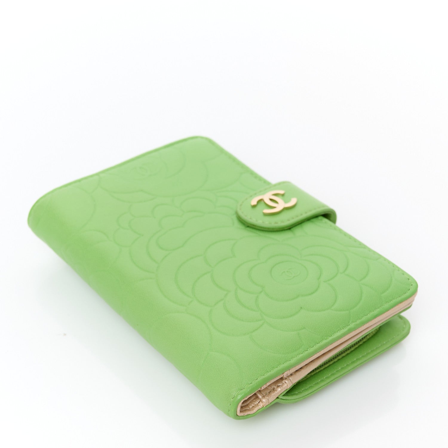 Chanel Lambskin Camellia Embossed Zipped Pocket Wallet Green 4 of 12