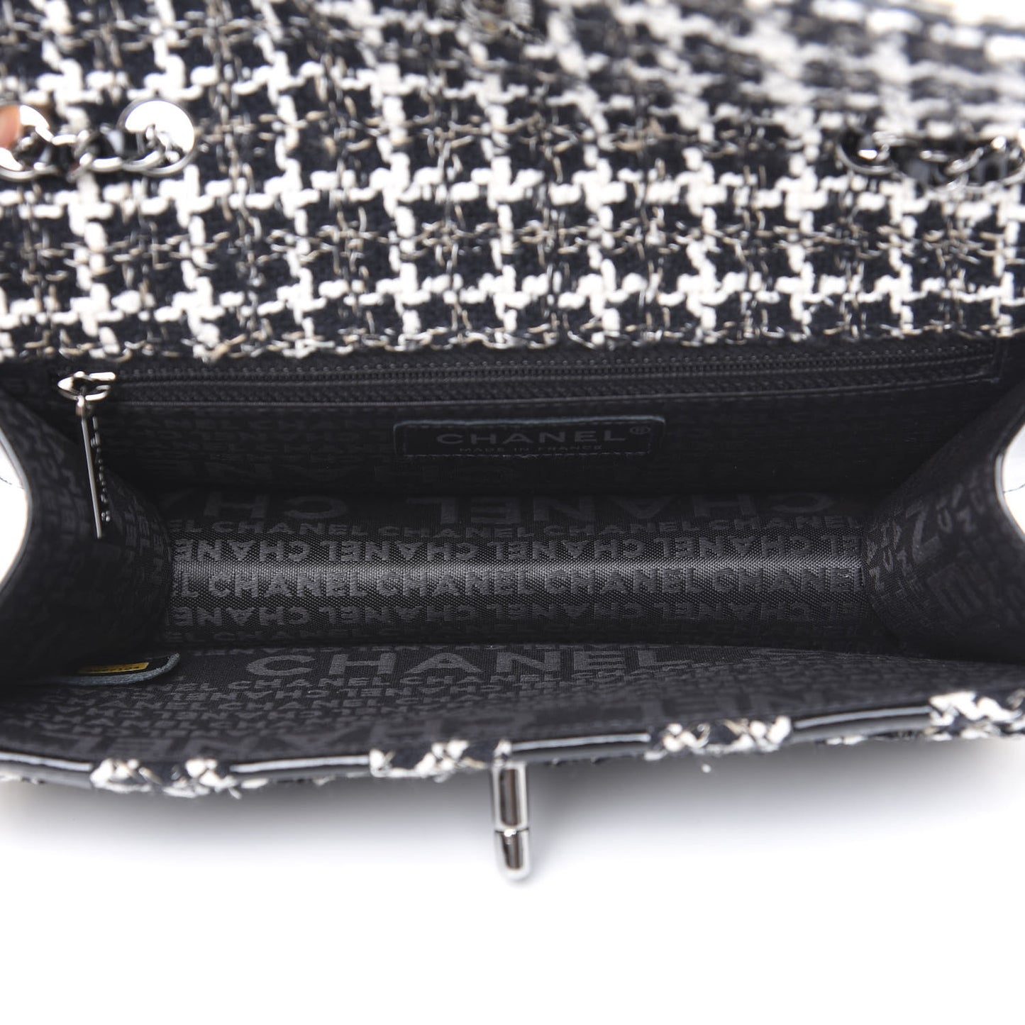 Tweed Patent Quilted Rectangular Flap Black White