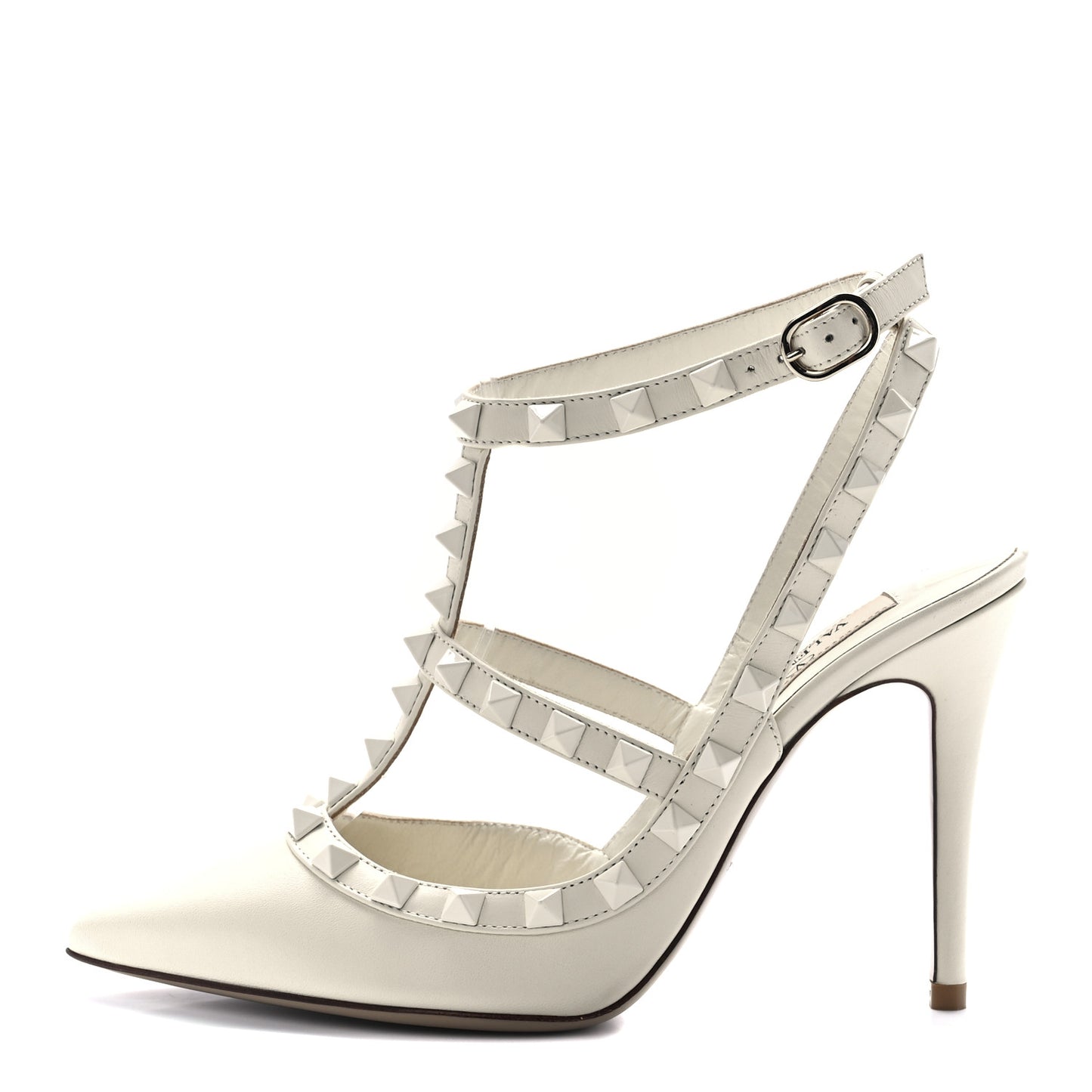Calfskin Lacquered Monochrome Rockstud Ankle Strap 100mm Pumps 35 Ivory