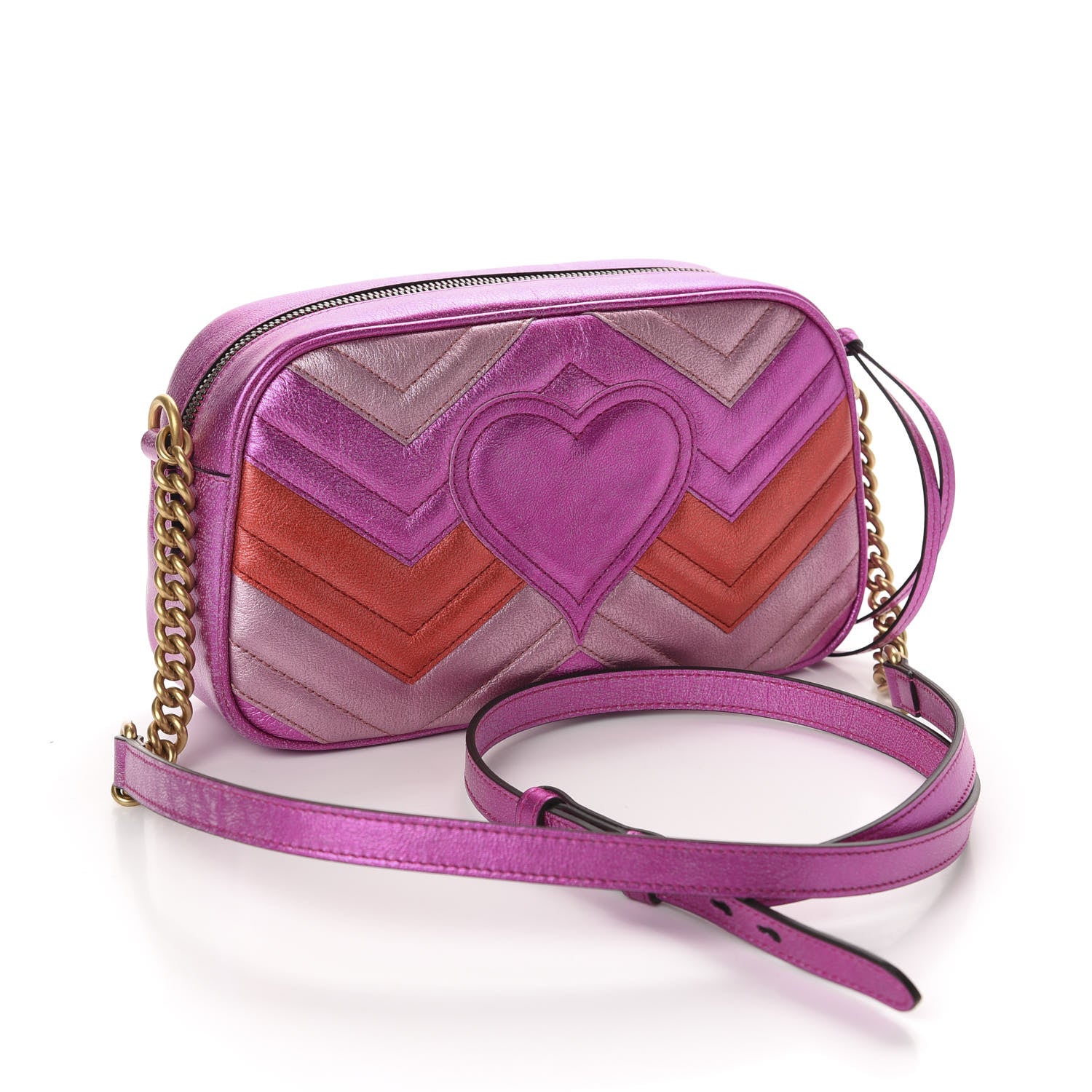 Gucci Laminated Nappa Matelasse Small GG Marmont Chain Shoulder Bag Fuxia Rosso Rosa 3 of 10