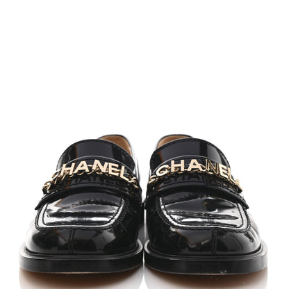 Chanel Shiny Calfskin Logo Loafers 38 Black 2 of 8