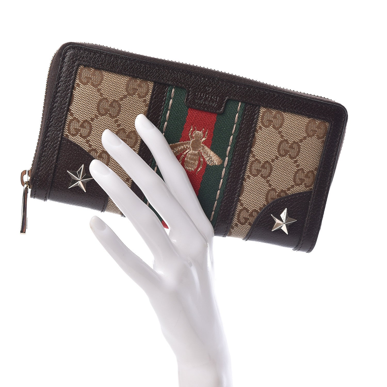 Gucci Monogram Web Rania Bee Star Zip Around Wallet Dark Brown 2 of 7