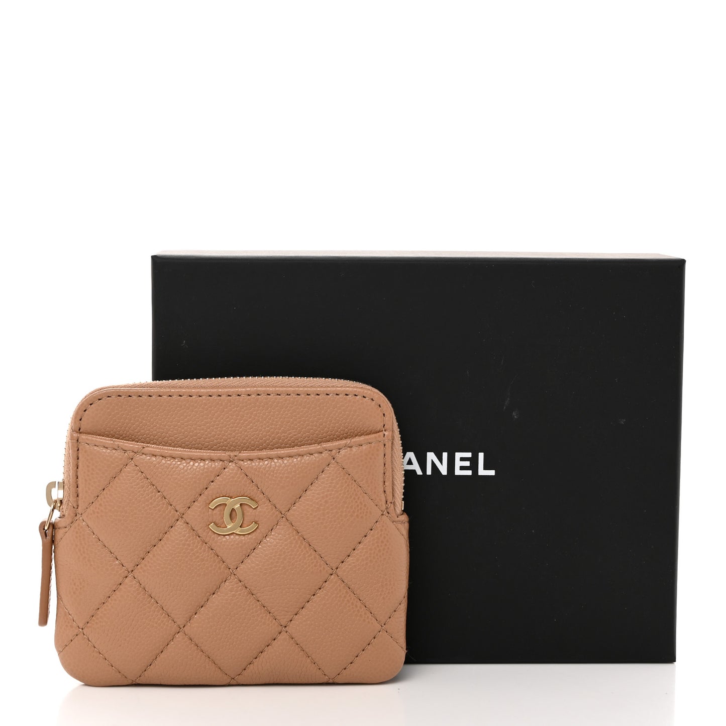 Caviar Quilted Zip Card Holder Wallet Dark Beige