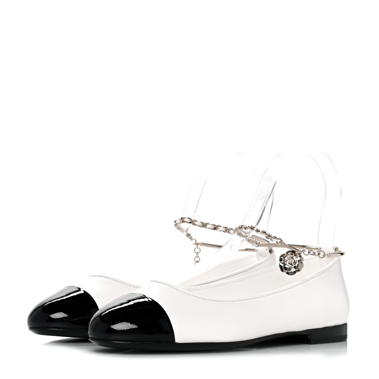 Chanel Lambskin Patent Calfskin Cap Toe Ankle Chain Ballerina Flats 36.5 White Black 3 of 9