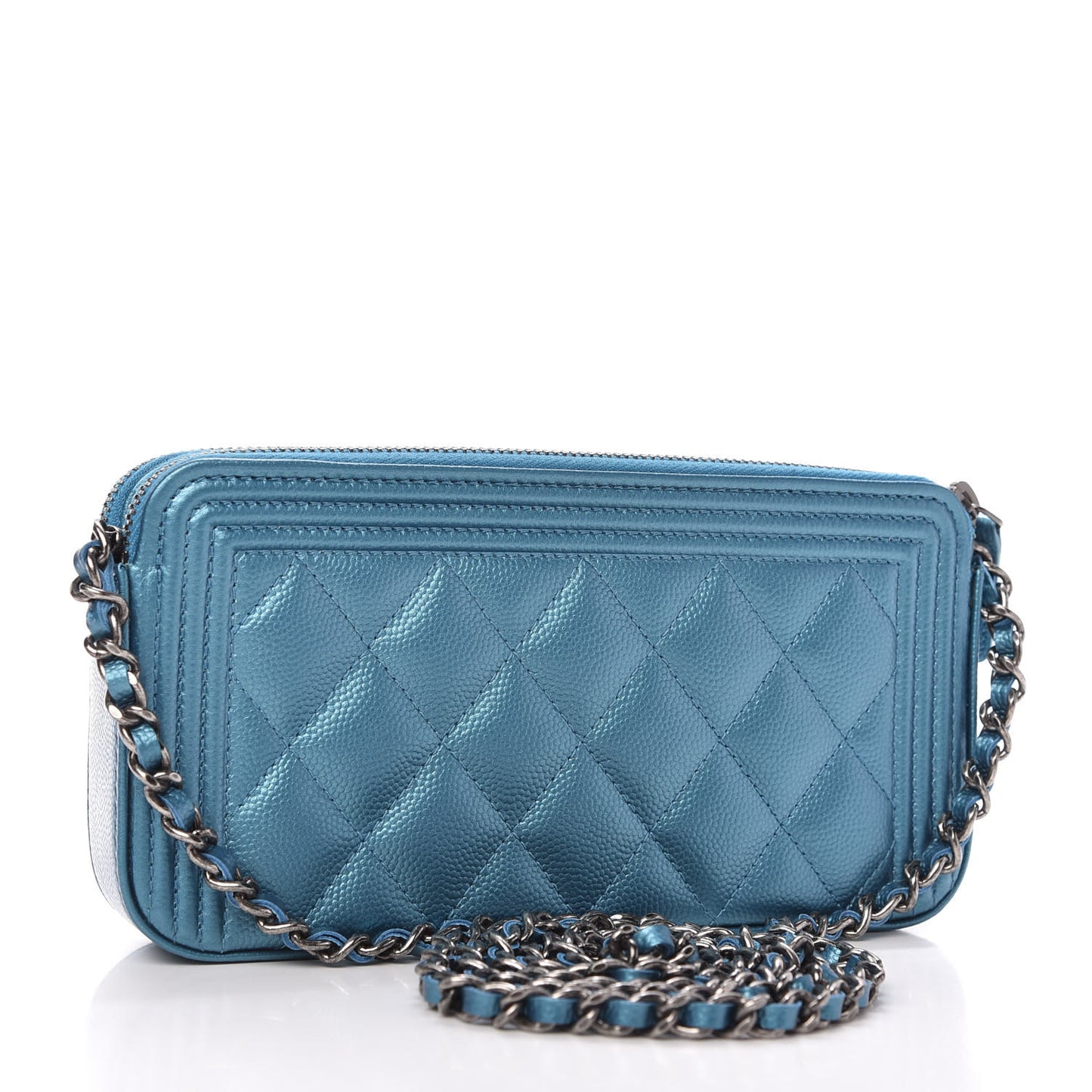 Metallic Caviar Quilted Small Boy Clutch With Chain Turquoise