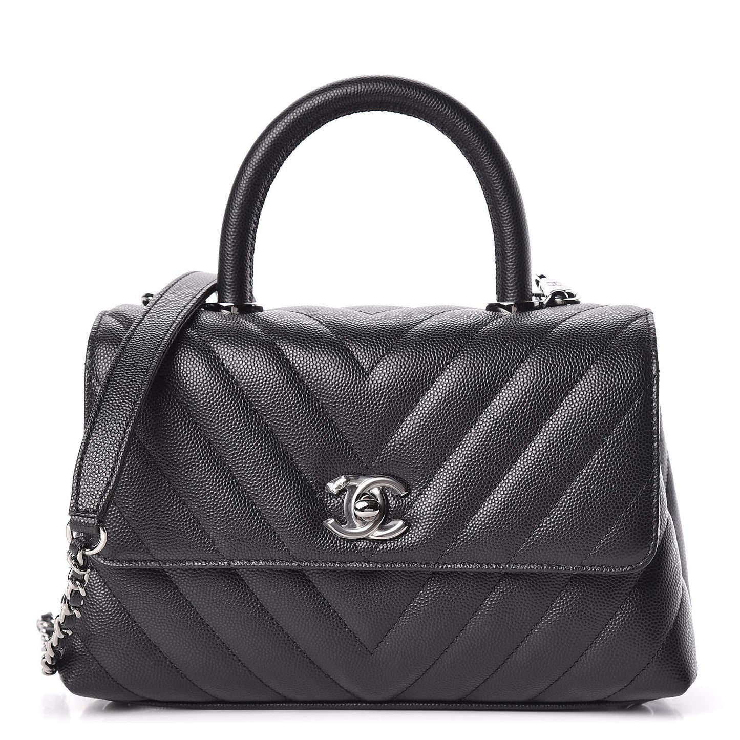 Caviar Chevron Quilted Mini Coco Handle Flap Black