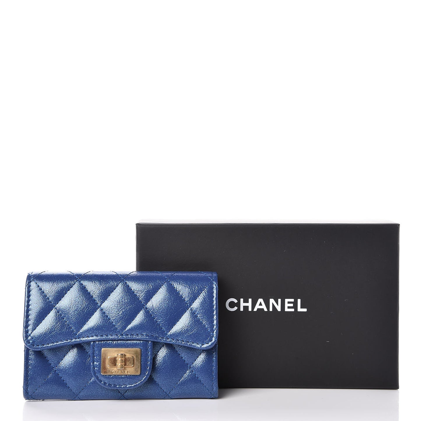 Glittered Aged Calfskin Quilted Reissue Card Holder Dark Blue