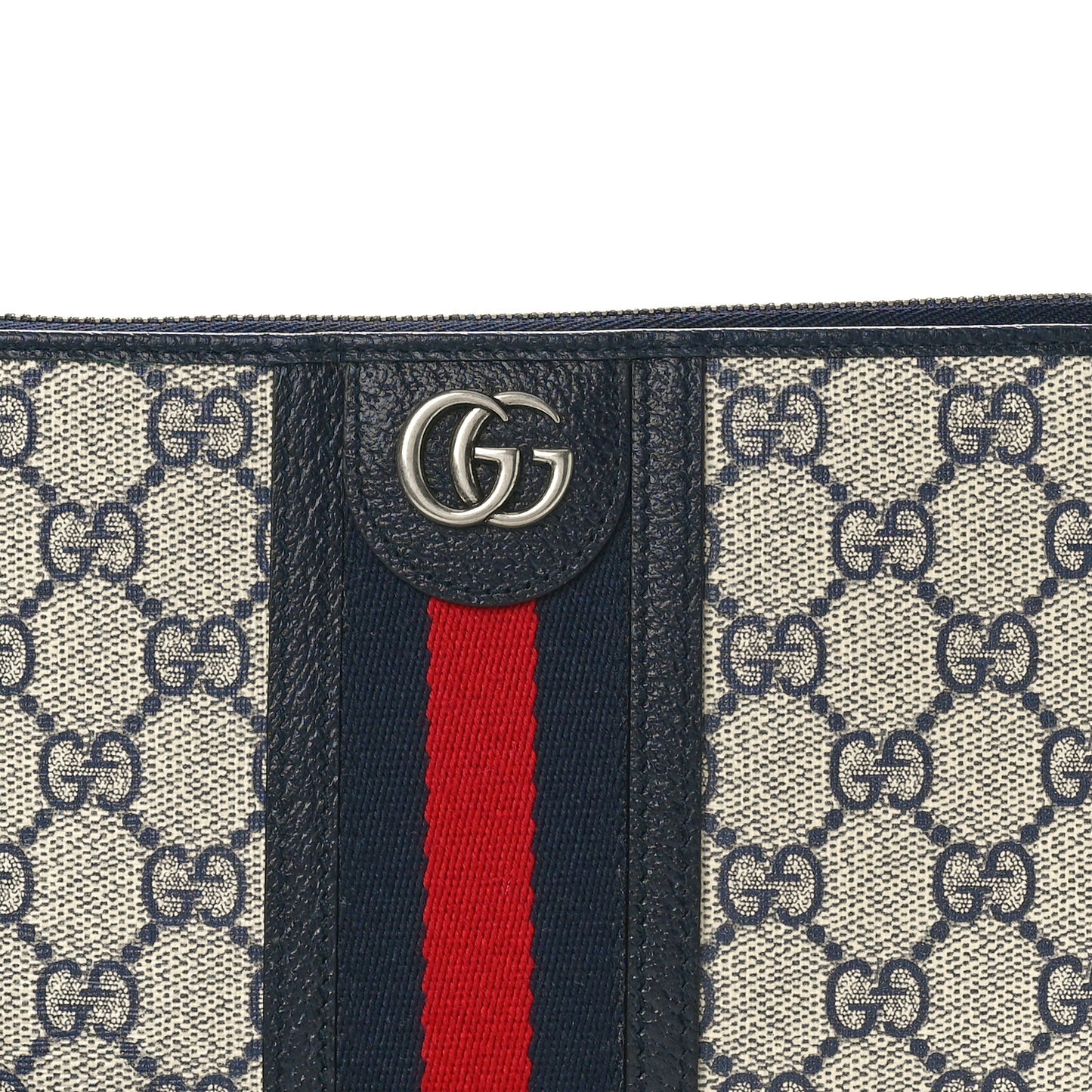 GG Supreme Monogram Textured Dollar Calfskin Web Ophidia Wristlet Pouch Beige Blue