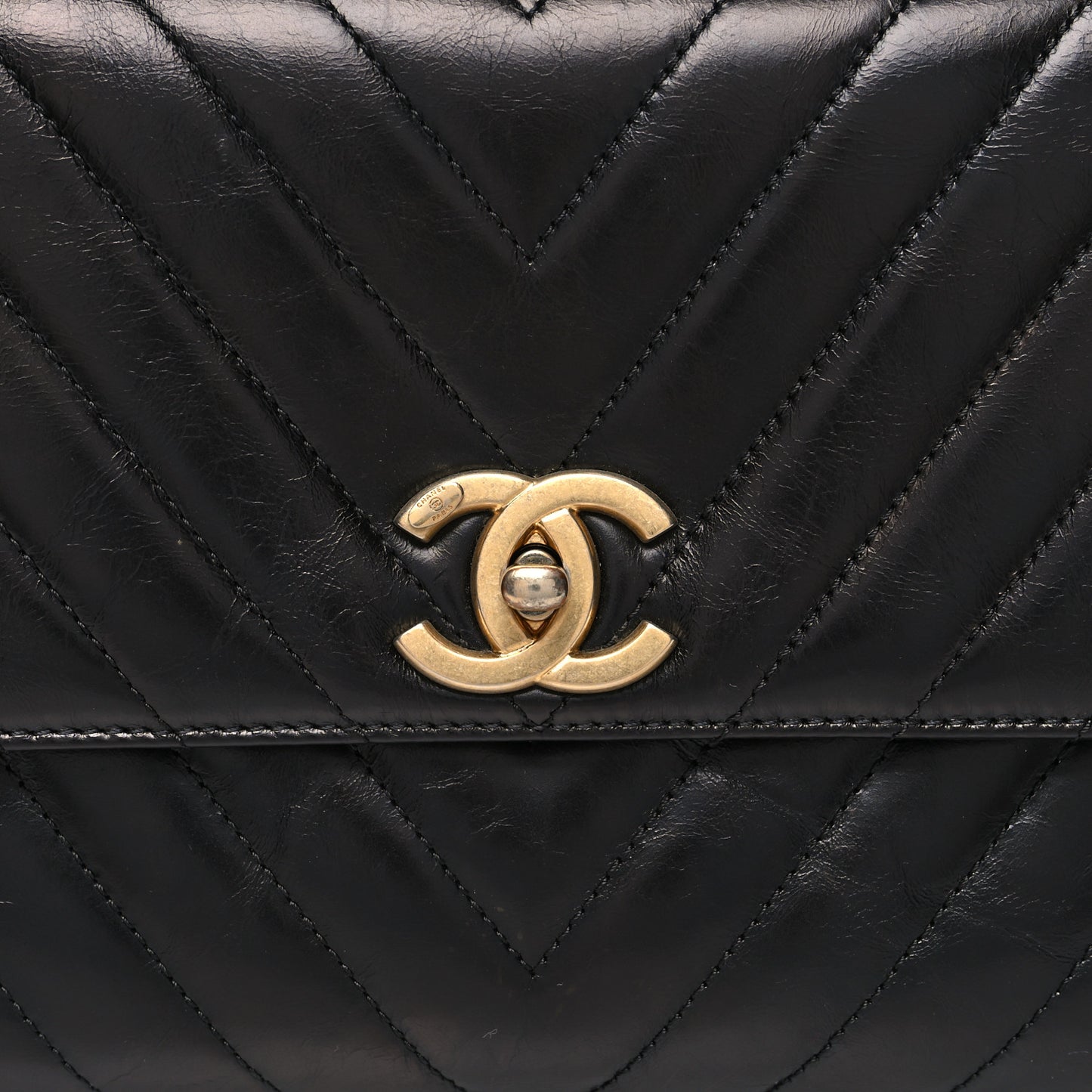 Calfskin Lizard Chevron Quilted Small Coco Handle Flap Black