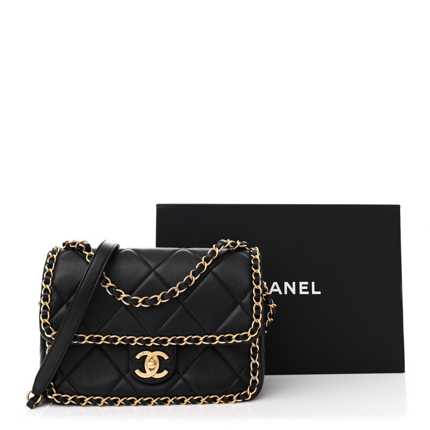 Lambskin Small Chain Around Top Handle Flap  Black