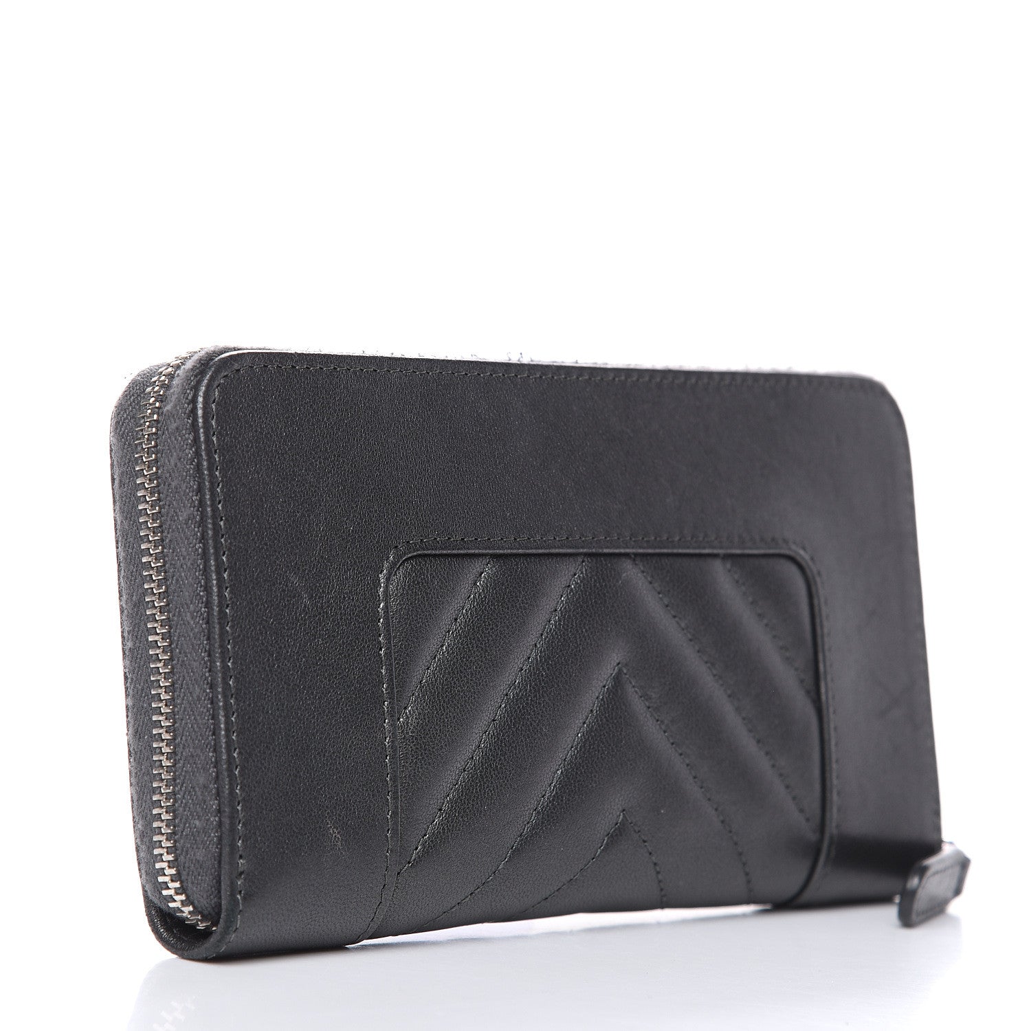 Chanel Sheepskin Chevron Quilted Mademoiselle Vintage Zip Around Wallet Grey 3 of 15
