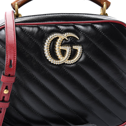 Gucci Vintage Effect Calfskin Matelasse Diagonal Small Torchon GG Marmont Bamboo Top Handle Shoulder Bag Black Romantic Cherry 7 of 12