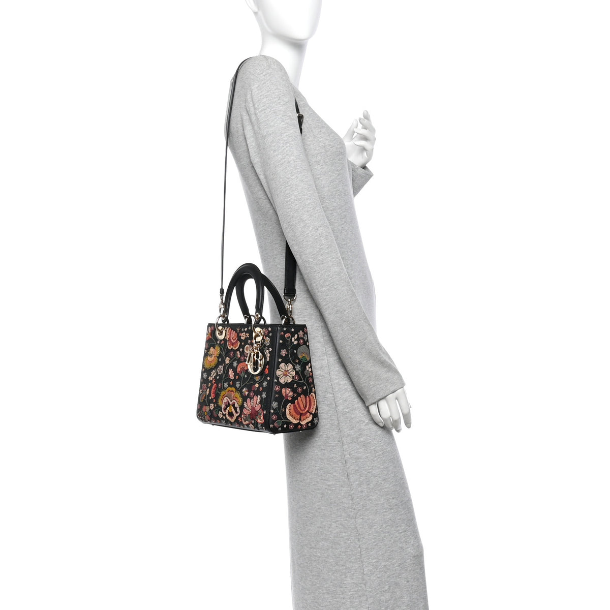 Smooth Calfskin Embroidered Beaded Floral Medium Lady Dior Black Multicolor