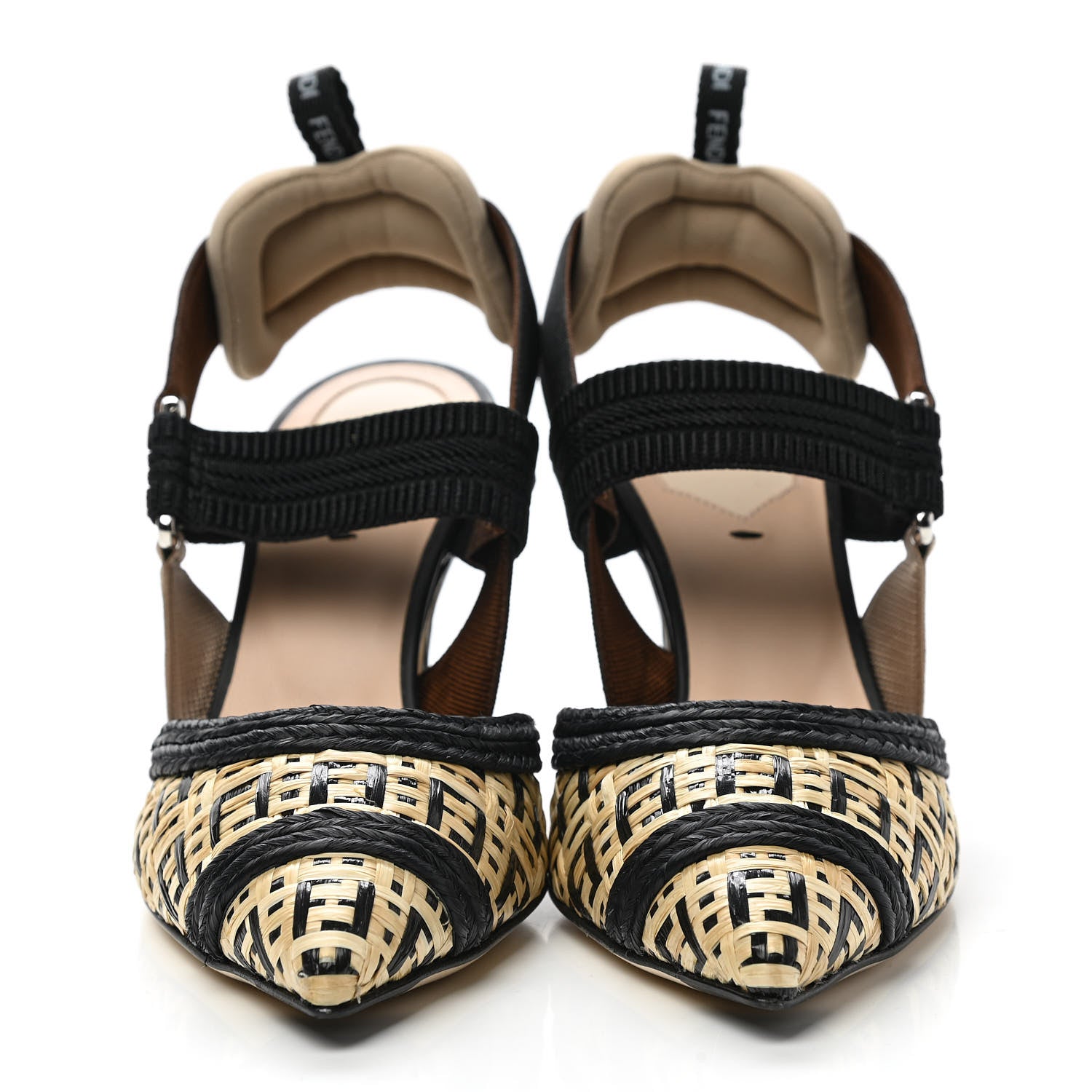 Fendi Raffia Grosgrain FF Intreccio Colibri 85mm Slingback Pumps 35 Naturale Black 2 of 9